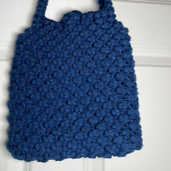 Vintage Crochet Handcrafted Wood Button Blue Handbag 1970s - Picture 9 of 11
